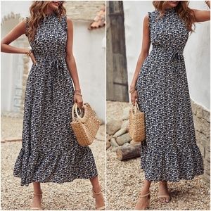 Boho Floral Print Ruffle Sleeveless Maxi Dress